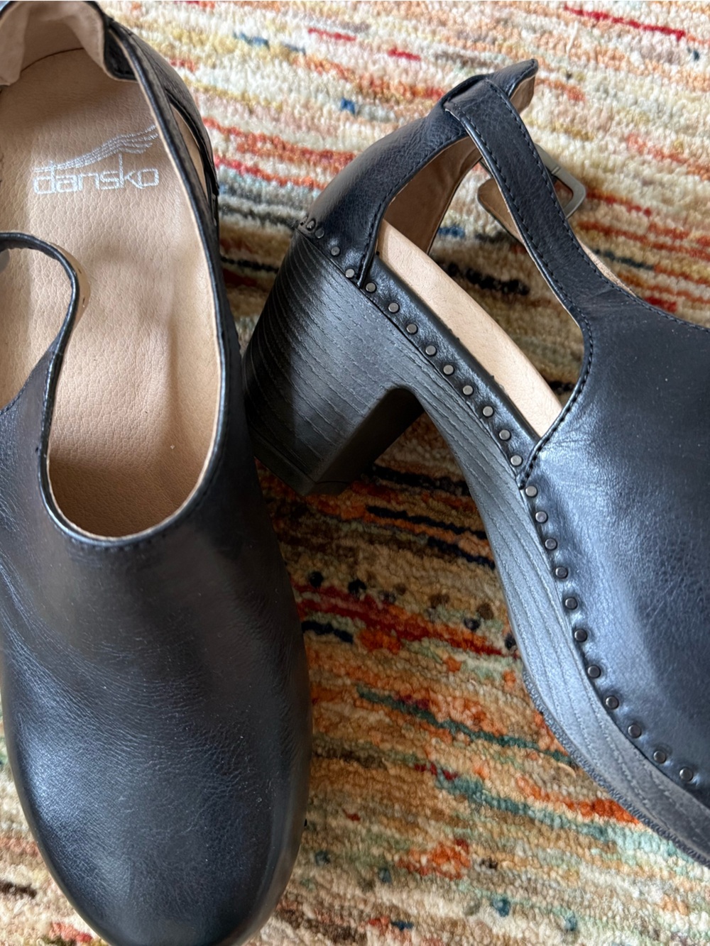 Dansko Black Leather Mary Jane Block Heel Clogs with Studded Trim